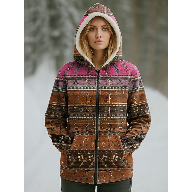 Women's Winter Coat Warm Zipper Pocket Print Casual Floral Casual Regular Hooded Regular Fit Long Sleeve Outerwear Pink Blue Purple Fall Winter
