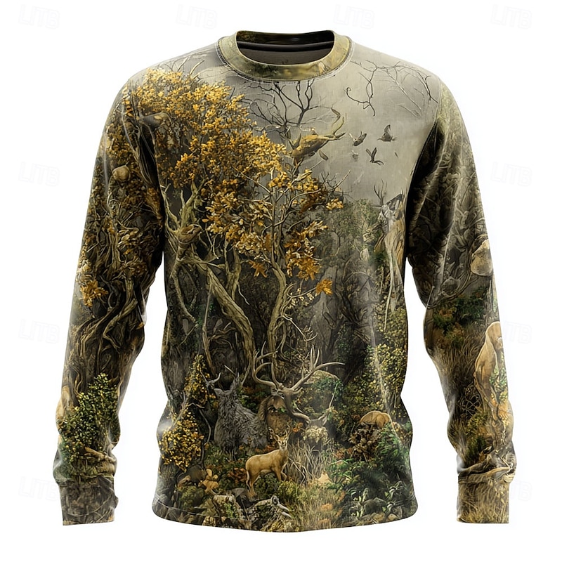 Men's Camo Deer T Shirt Long Sleeve T shirt 3D Print Crew Neck Shirt Fashion Outdoor Street Sports Outdoor Hunting Green 1# Green 2# Green 3# Summer Spring Clothing Apparel S M L XL XXL XXXL3