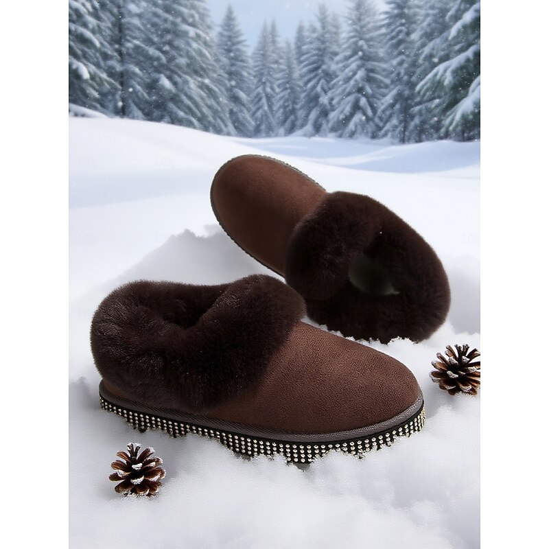 Women's Light Brown Snow Boots with Faux Fur Trim and Rhinestone Sole – Faux Suede Cozy Winter Boots for Home & Winter Outdoor Wear2
