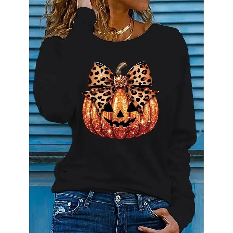 Halloween Women's T shirt Pumpkin Graphic Skull Vintage Fashion Stylish Long Sleeve Crew Neck Round Neck Regular Tops Daily Weekend Print Black White Pink Blue Purple Spring Fall Winter3