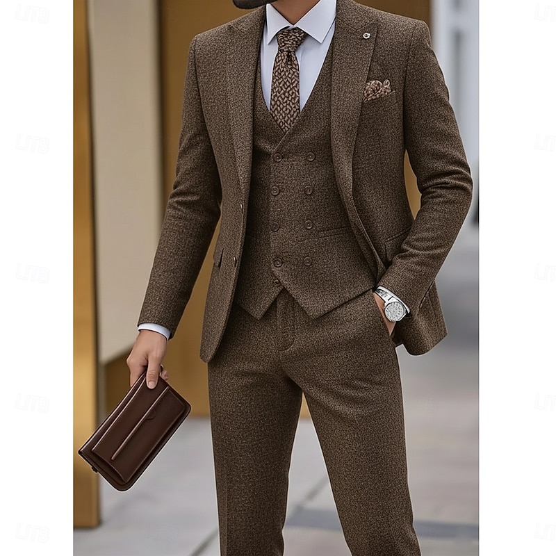 Men's Wedding Party Tweed Suits Peaked Lapel Black Brown Daily Solid Colored Tailored Fit 3 Piece Single Breasted Two-buttons2