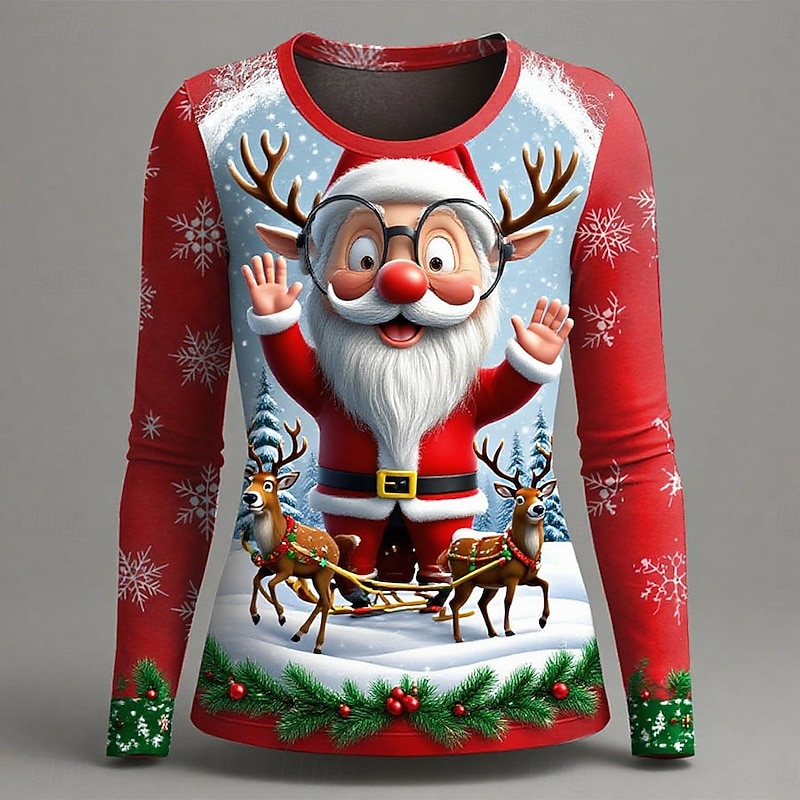 Christmas Women's T Shirt Graphic Santa Claus Fashion Casual Long Sleeve Crew Neck Regular Tops Daily Weekend Print Black Red Blue Summer Spring Fall2