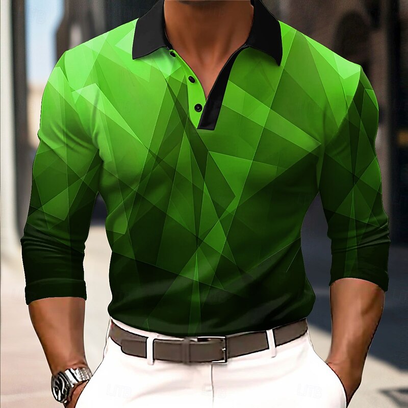 Men's Geometic Polo Long Sleeve Polo Shirts Collared Shirts Business Casual Business Athleisure Daily Wear 3D Print Buttons Spring Fall Winter Blue Purple Orange4
