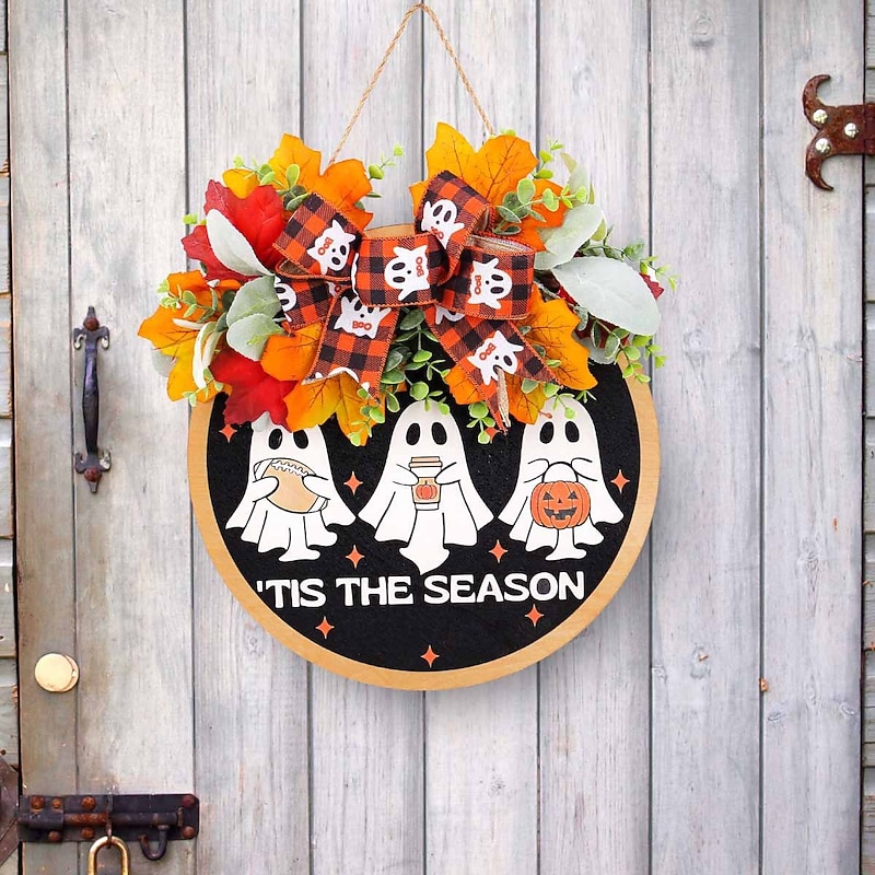 Halloween Cute Ghost Door Sign BOO, Autumn Faux Flower Wreath, Home Hanging Decor, Halloween Party Decoration, Ghost Wooden Plaque Craft, Seasonal Door Ornament2