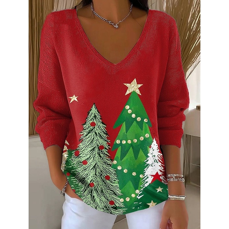 Women's Sweater Pullover Fashion Streetwear Casual Graphic Christmas Tree V Neck Oversized Knitted Long Sleeve Regular Tops Knit Outdoor Daily Red Spring Fall