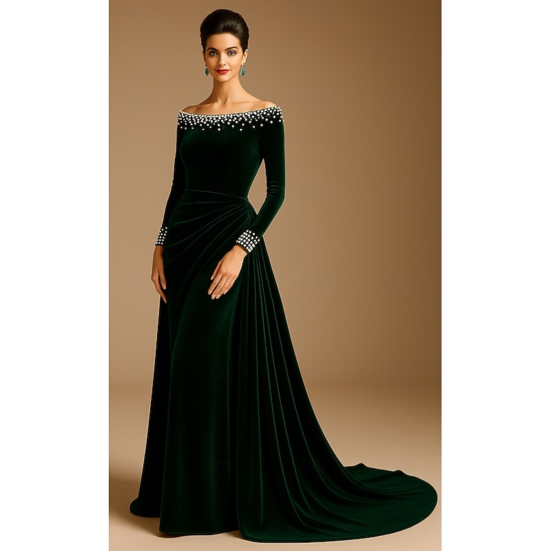 Black Tie Velvet A-Line Sheath / Column Evening Gown Elegant Formal Dress Formal Wedding Sweep / Brush Train Long Sleeve Pearls Off Shoulder with Pleats Ruched 20252