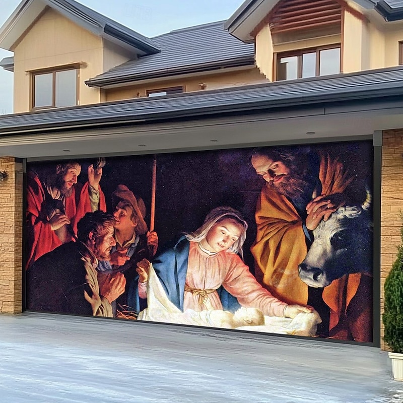 Christmas Outdoor Garage Door Cover Nativity Scene Jesus Birth Manger Large Tapestry Backdrop Holiday Wall Decoration For Outdoor Garage Door Home Christmas Festival Religious Celebration Decor2