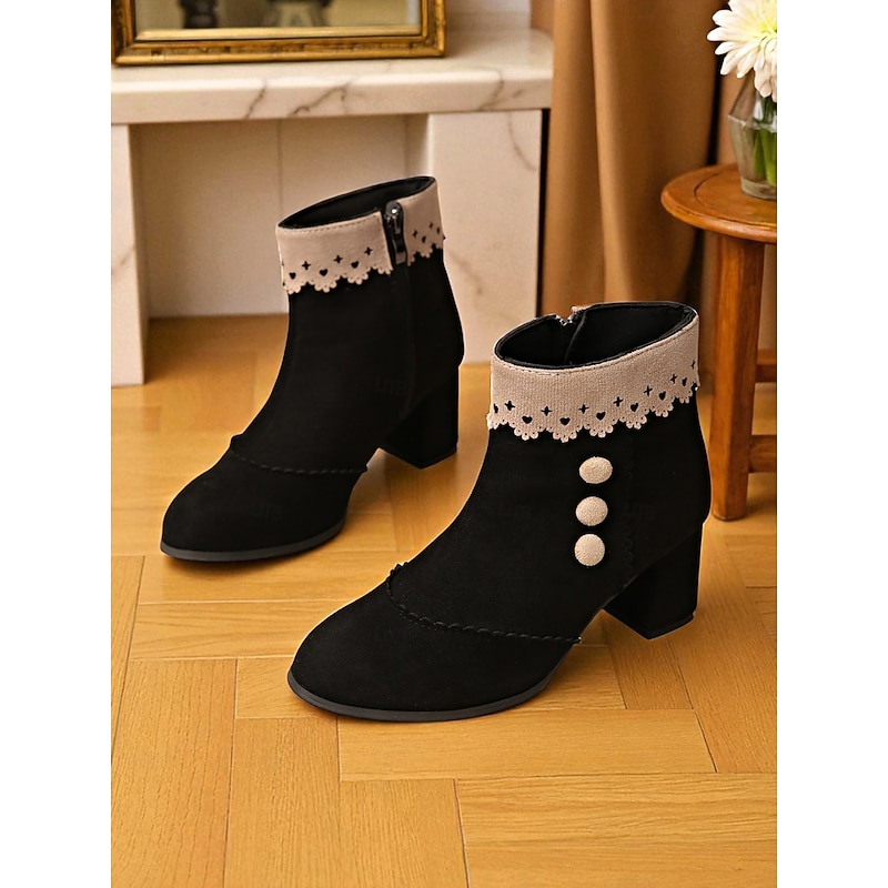 Women's Edwardian Victorian Ankle Boots – 1950s Black Faux Suede Button-Up Booties with Eyelet Lace Trim for Vintage-Inspired Fall, Winter Outfits and Formal Events3