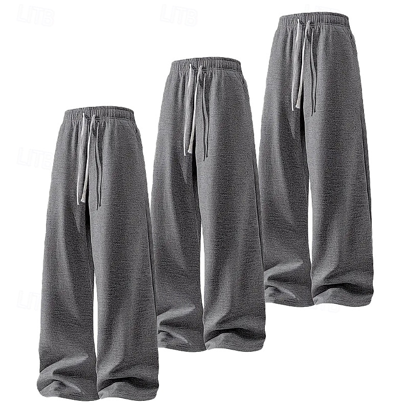 Multi Packs 3pcs Men's Black*3 Sweatpants Trousers Straight Leg Sweatpants Drawstring Elastic Waist Plain Vacation Daily Wear Polyester Spring4
