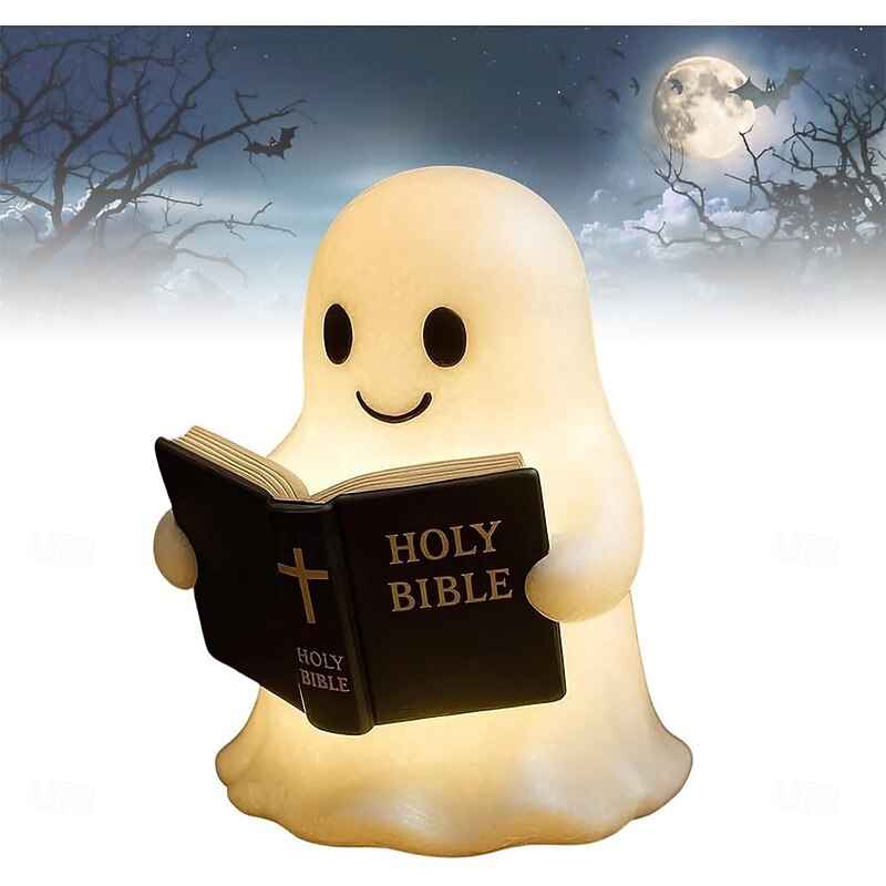 Ghost Bible Lamp Cute 3D Resin Ghost Reading Figurine Night Light with Warm LED Glow Halloween Bedroom Decor Unique Table Lamp Gift for Party Bedroom Shelf Table Decoration