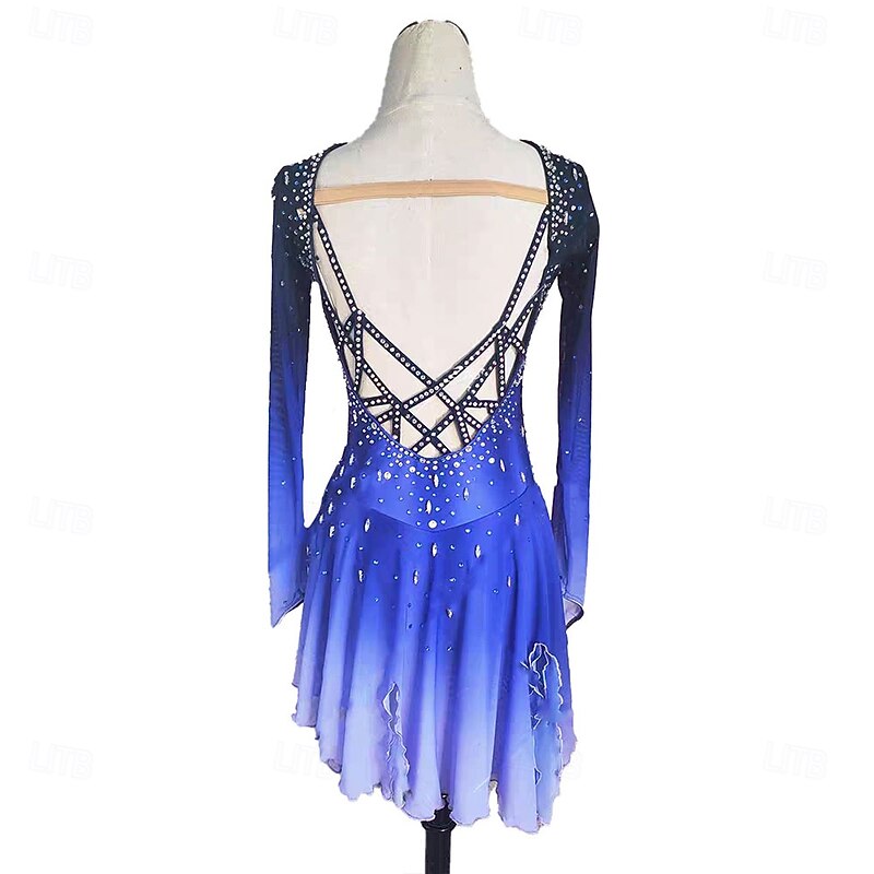 Figure Skating Dress Women's Girls' Ice Skating Dress Blue+Light Blue Patchwork Thumbhole Spandex High Elasticity Training Professional Competition Skating Wear Classic Crystal / Rhinestone Long2