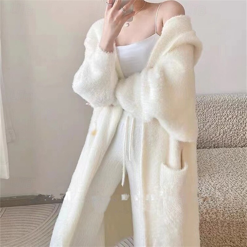 Women's Sweater Cardigan Fashion Streetwear Daily Solid Color Ribbed Hooded Knitted Long Sleeve Long Tops Knit Holiday Going out Weekend Black White Fall Winter4