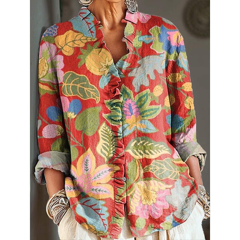 Women's Boho Shirt Floral Graphic Elegant Vintage Daily Long Sleeve V Neck Regular Tops Work Daily Holiday Ruched Ruffle Pink Red Blue Dusty Blue Green Spring Fall3