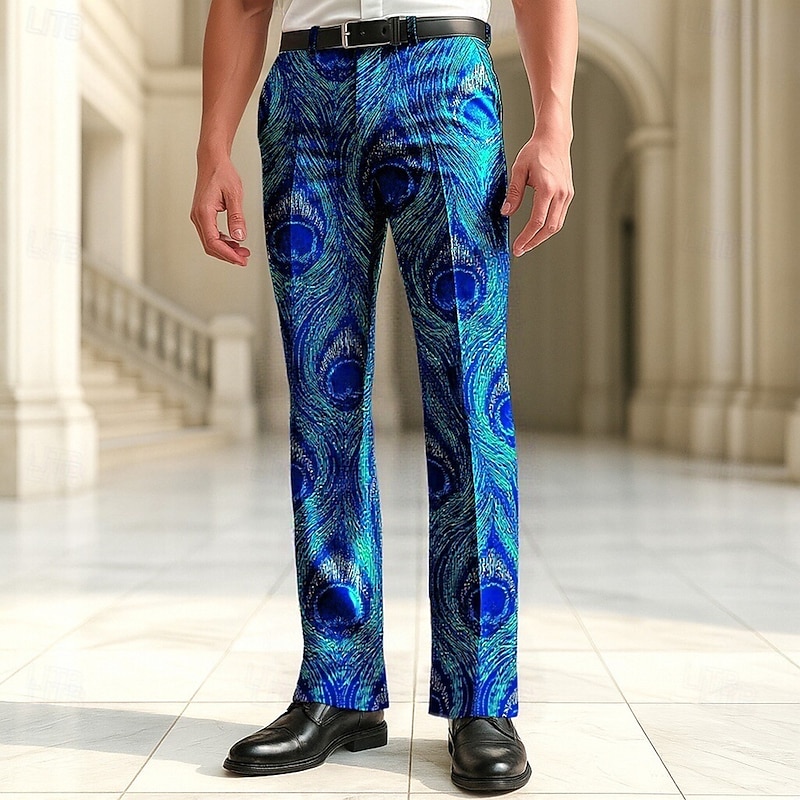 Men's Dress Pants Trousers Casual Pants Suit Pants Peacock Feather Full Length Vacation Party Retro Vintage Blue Green Micro-elastic2