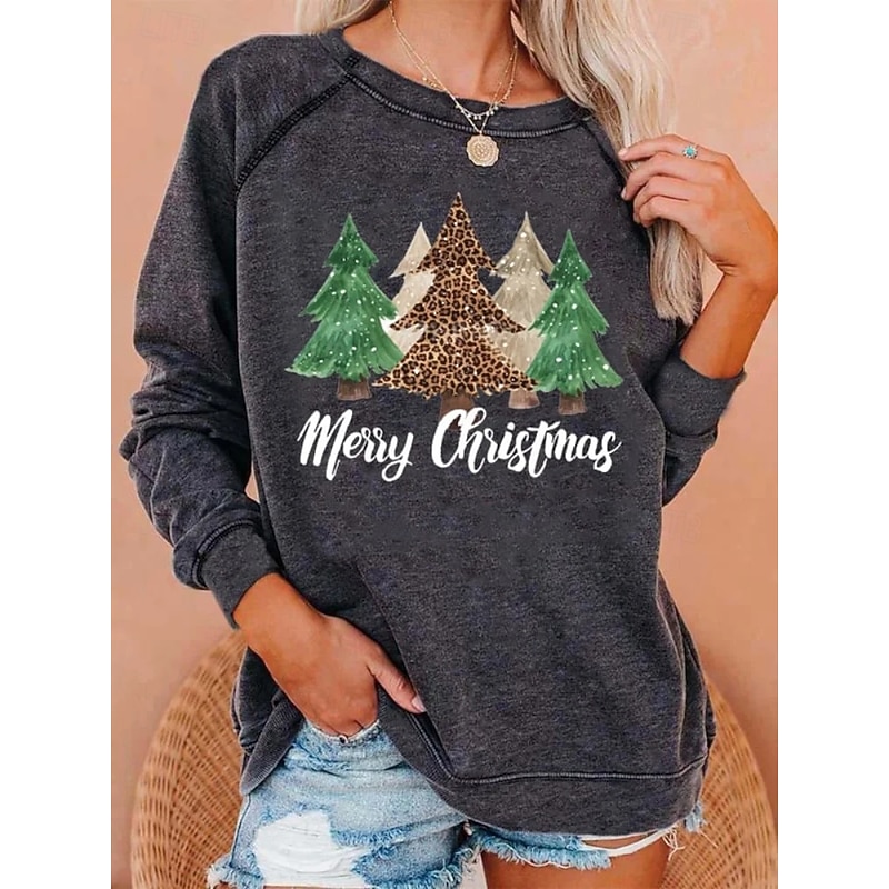Women's Pullover Graphic Christmas Tree Casual Long Sleeve Crew Neck Regular Tops Casual Holiday White Green Dark Gray Gray Spring Fall Winter