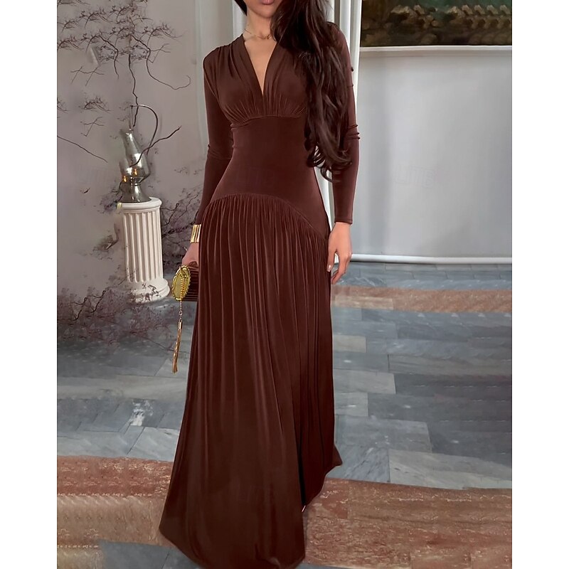 Women's Long Dress Maxi Dress Velvet Dress Prom Dress Party Dress Cocktail Dress Elegant Modern Party Evening Party Regular Fit Plain Long Sleeve V Neck Brown Khaki Fall Winter4