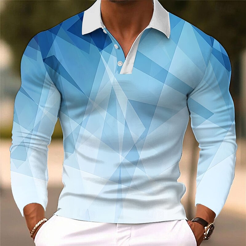 Men's Geometic Polo Long Sleeve Polo Shirts Collared Shirts Casual Athleisure Daily Wear 3D Print Buttons Spring Fall Winter Blue Orange Light Blue