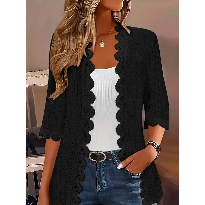 Women's Casual Jacket Comfortable Breathable Lace Casual Plain Vacation Street Daily Wear Going out Open Front Regular Collarless Regular Fit 3/4 Length Sleeve Outerwear Black White Pink Summer Spring4