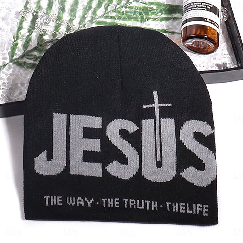 Men's Unisex Beanie Hat Winter Hats Beanies Skull Cap Knit Hat Black Grey Yellow Acrylic Fibers Jacquard Knitted Cozy Halloween Daily Wear Festival Letter Cross Jesus Warm2