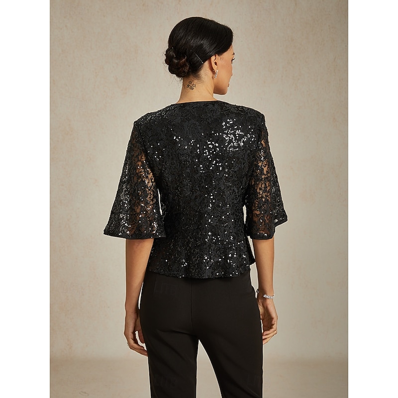 Women's Blouse Lace Tops Evening Tops Sequin Tops Elegant Party V Neck Regular Tops Wedding Guest Cocktail Attire Sequins Lace Black Spring, Fall, Winter, Summer2