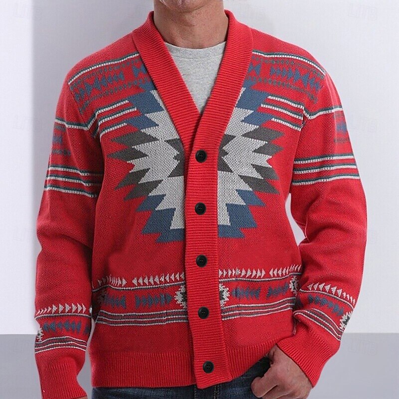 Men's Fair isle Sweater Cardigan Sweater V Neck Casual School Vacation Daily 3D Print Knitting Keep Warm Long Sleeve Spring Fall Winter Red