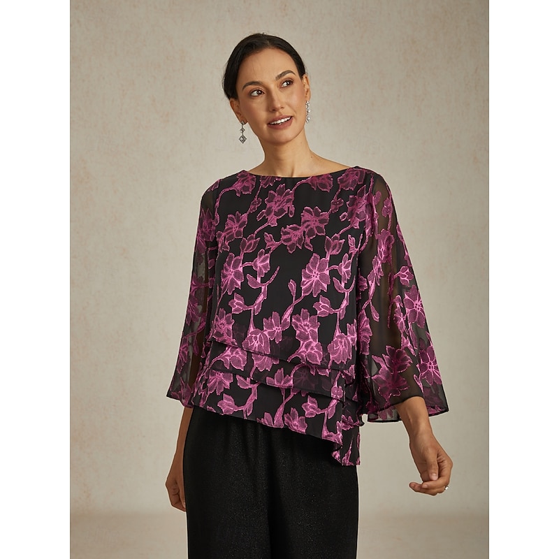 Women's Blouse Chiffon Tops Floral Elegant Stylish Casual Crew Neck Regular Tops Wedding Guest Date Night Outfits Cocktail Attire Lace Rose Pink Spring Fall Winter4