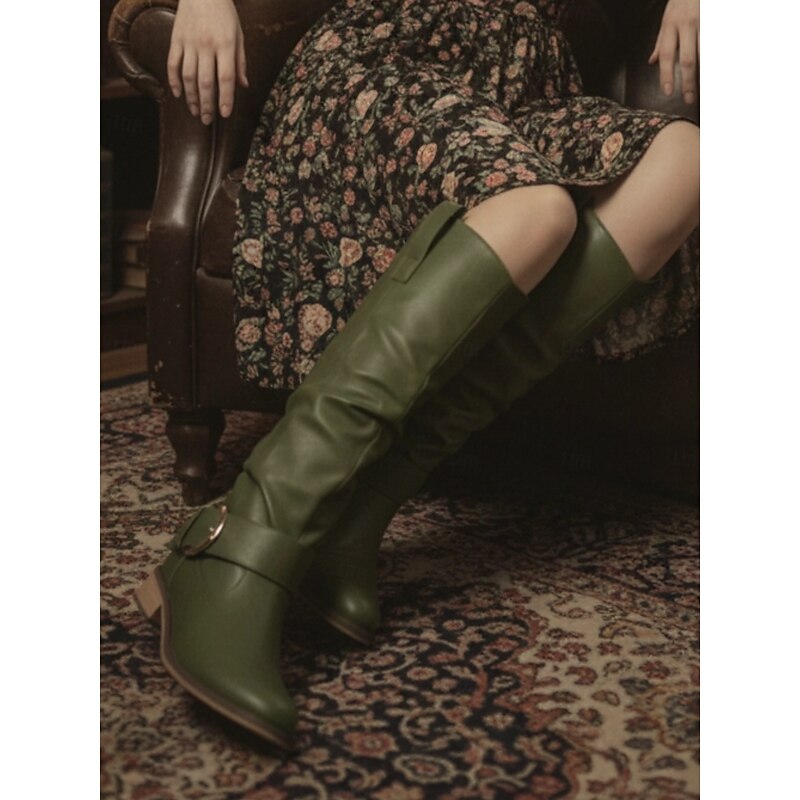 Women's Green Faux Leather Slouchy Western Boots with Buckle Detail - Knee-High Cowboy Style Boots for Casual and Boho Chic Outfits2