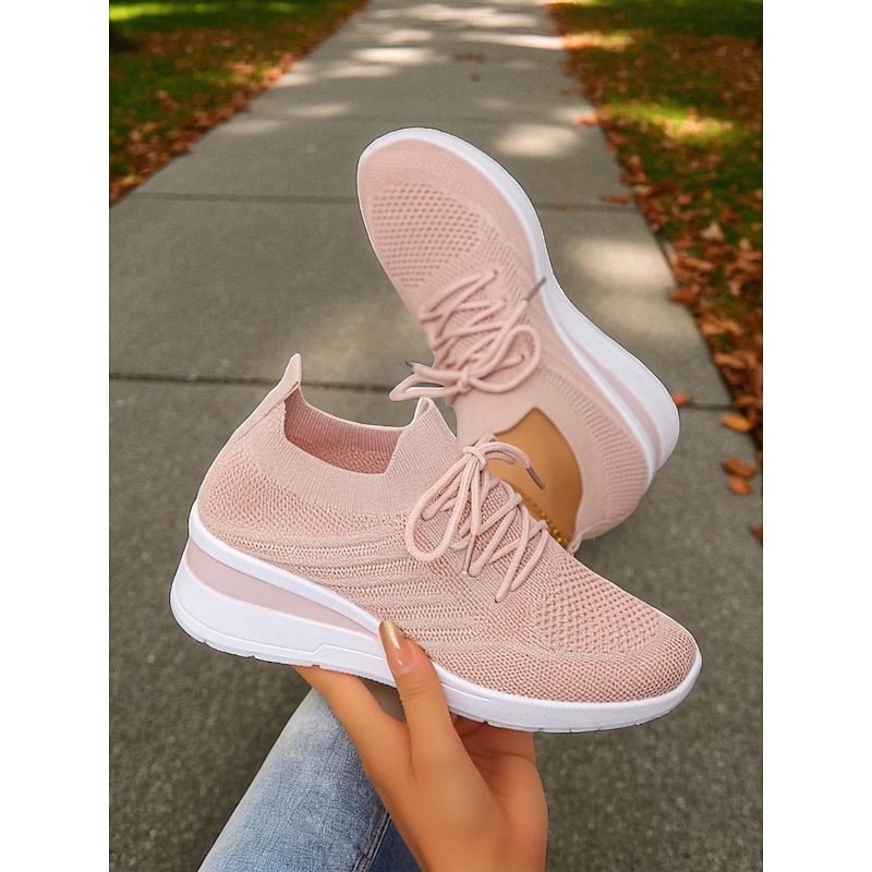 Women's Pink Flyknit Sneakers with Lace-Up Design and Thick Sole – Lightweight Walking and Casual Sports Shoes2