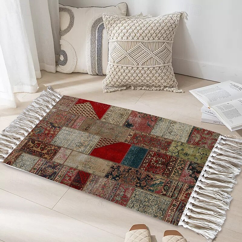 American Vintage Woven Rug Hand Knotted Tassel Floor Mat For Living Room Home Decorative Carpet Coffee Table Patchwork Area Rug Soft Durable Washable Accent Carpet