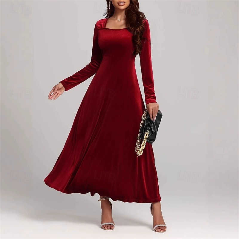 Women's Midi Dress Velvet Dress Cocktail Dress Elegant Vintage Fashion Outdoor Party Party Evening Wear Regular Fit Plain Long Sleeve Square Neck Red Blue Dark Green Purple Spring Autumn