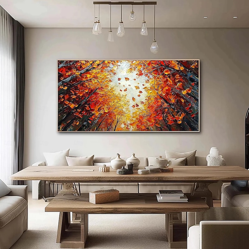 Large Abstract Sunset Forest Oil Painting On Canvas, Original Colorful Autumn Wall Art, Tree Landscape Wall Decor, Modern Living Room Decor3