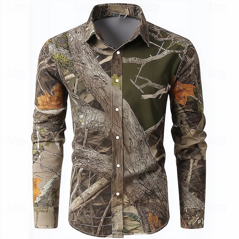 Men's Camo Camouflage Shirt Button Up Shirt Long Sleeve Vintage Retro Outdoor Camping & Hiking Hunting Spring Fall Turndown 3D Print Linen Like Shirt Black Army Green Camouflage2