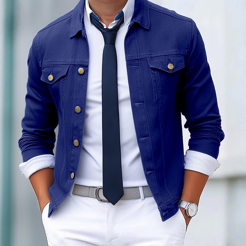 Men's Shirt Jacket Cargo Jacket Denim Jacket Casual Daily Wear Windproof Buttons All Seasons Solid Color Streetwear Smart Casual Lapel Regular Black White Red Navy Blue Blue Jacket4