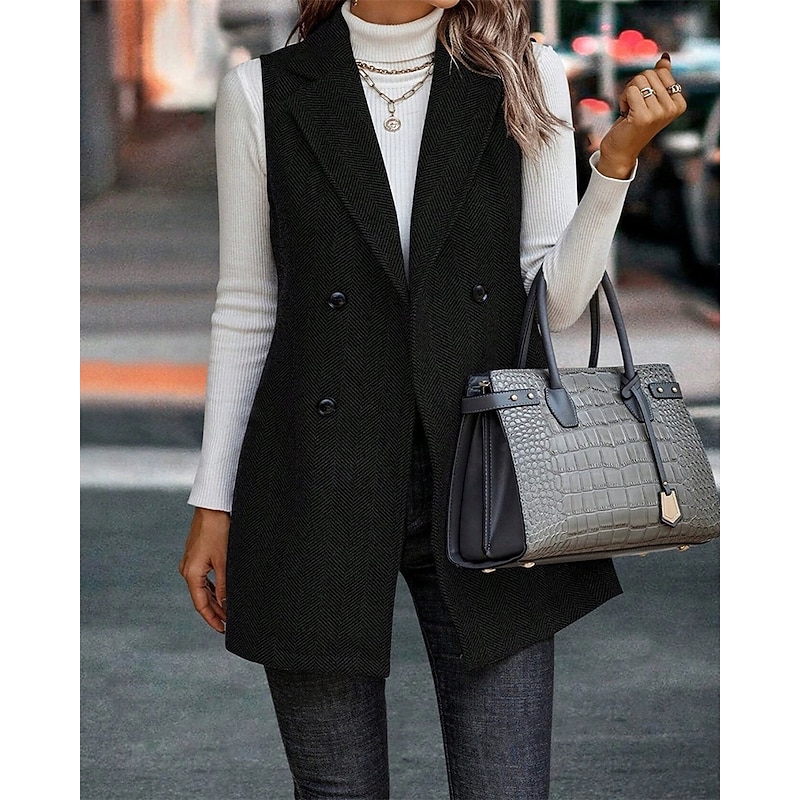 Women's Casual Jacket Warm Comfortable Buttons Fashion Outdoor Plain Going out Weekend Double Breasted Regular Lapel Regular Fit Sleeveless Outerwear Black Pink Camel Fall Winter2