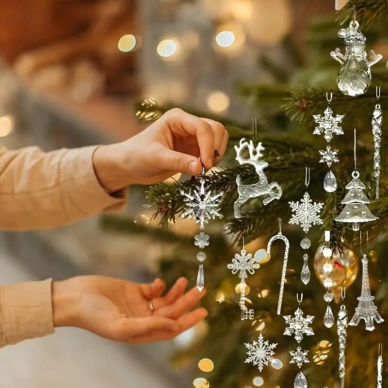 32pcs Crystal Clear Acrylic Christmas Tree Ornaments Set with Snowflakes, Reindeer, Icicle Bells & Twinkling Lights Effect Suitable for Party Decorations, Christmas, Birthday Celebrations3