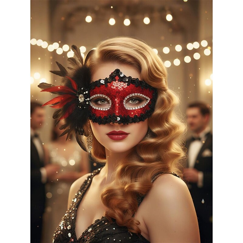 Women's Burgundy Sequin Feather Masquerade Mask with Rhinestone Trim, Gothic Venetian Style Costume Accessory for Halloween Parties and Masquerade Balls