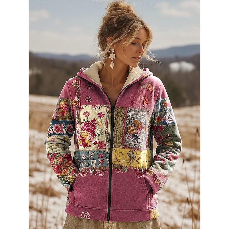 Women's Winter Coat Sherpa Jacket Warm Lightweight Patchwork Print Fleece Lined Elegant Vintage Casual Boho Vintage Floral Vacation Home Casual Daily Regular Hooded Regular Fit Long Sleeve Outerwear
