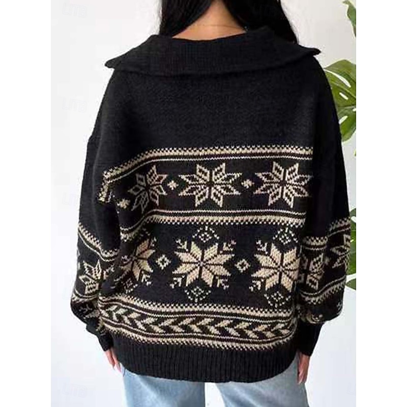 Women's Fair Isle Sweater Quarter Zip Pullover Elegant Vintage Daily Geometric Ribbed Shirt Collar Zipper Floral Long Sleeve Regular Tops Knit School Outdoor Home Black White Spring Fall2