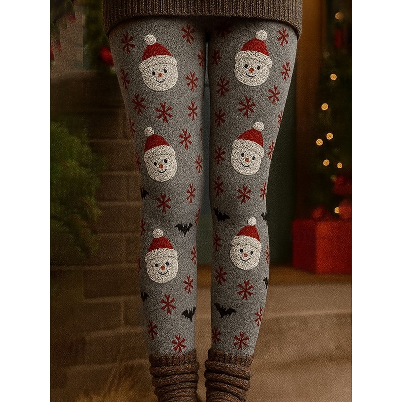 Women's Leggings Vacation Vintage Ethnic Style Full Length High WaistPantsUgly Christmas Graphic Snowman Snowflake 3D Print Quick Dry Breathability Soft Stretchy Formal Outdoor Vacation White Gray2