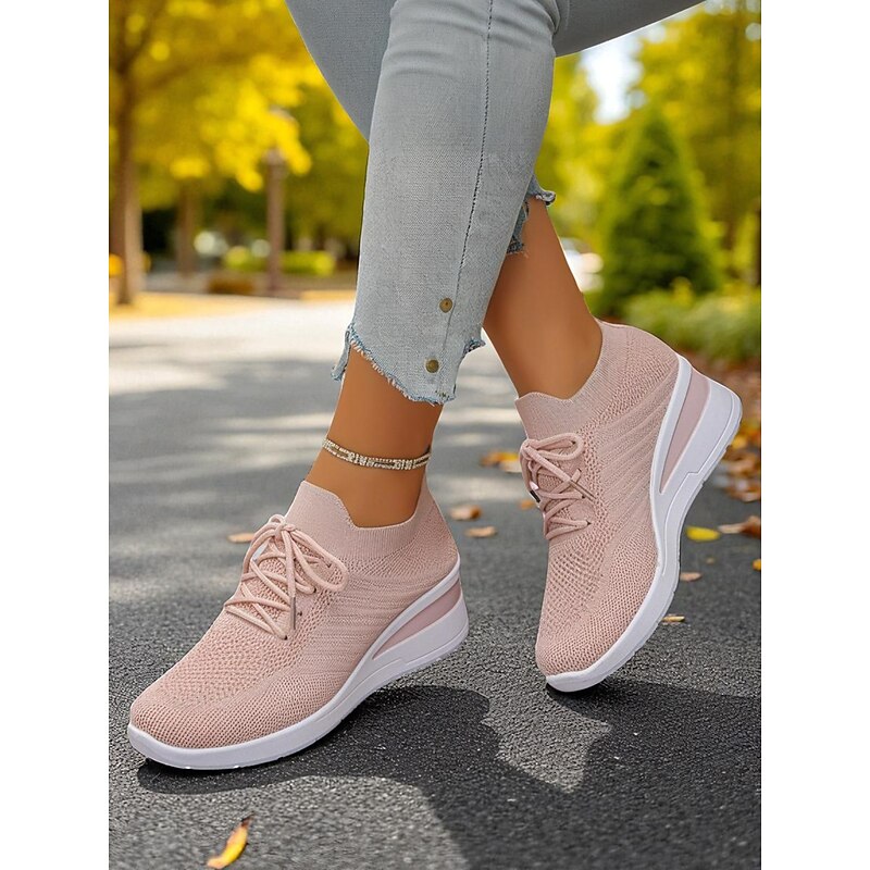 Women's Pink Flyknit Sneakers with Lace-Up Design and Thick Sole – Lightweight Walking and Casual Sports Shoes