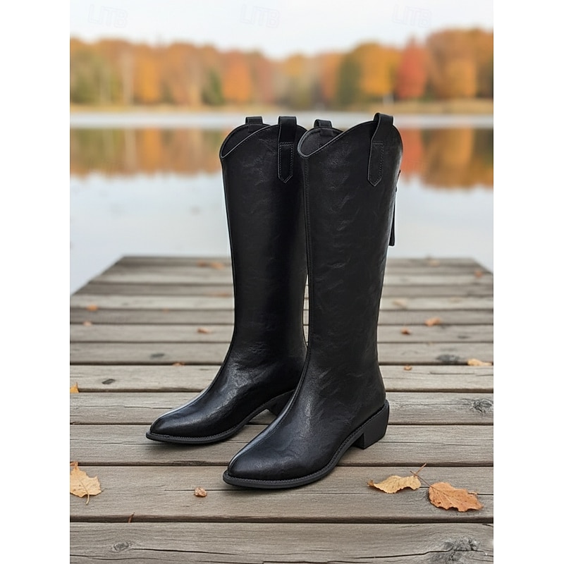 Women's Knee-high Riding Boots with Pull Tabs, Low Heel Comfortable Slip-On Design, Classic Western Inspired Style Fashion Shoes for Urban Casual Wear