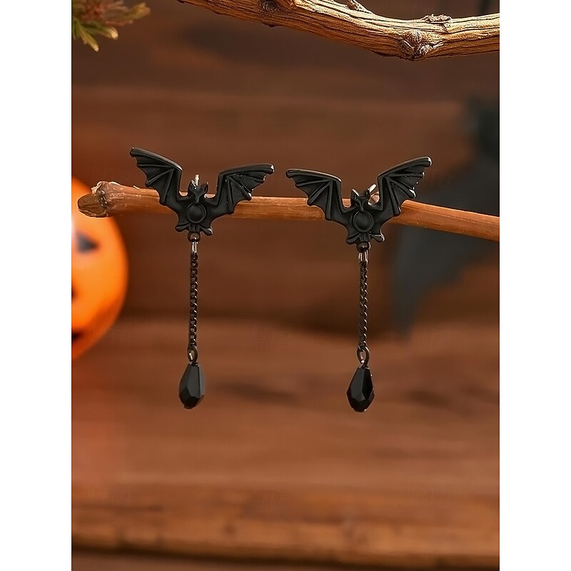 Women's Halloween Bat Drop Earrings – Gothic Black Dangle Jewelry with Chain and Crystal for Party, Cosplay and Night Out