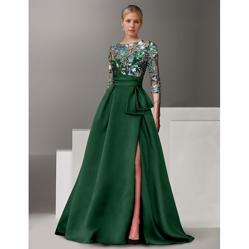 Floral Embroidered A-Line Evening Gown Elegant Dress Formal Wedding Floor Length Half Sleeve Shirt Collar Satin with Bow(s) Slit