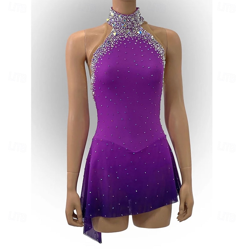 Figure Skating Dress Women's Girls' Ice Skating Dress Purple Patchwork Asymmetric Hem High Elasticity Training Competition Skating Wear Classic Crystal / Rhinestone Sleeveless Ice Skating Figure