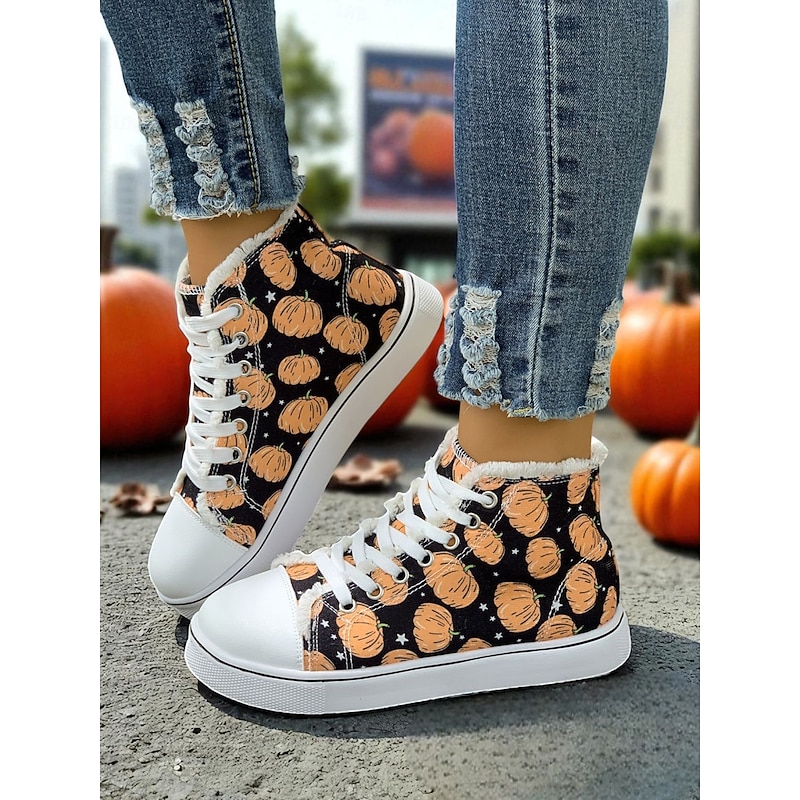 Women's Halloween Pumpkin High Top Sneakers – Casual Canvas Lace-Up Shoes with Festive Print for Autumn, Costume Party and Everyday Wear