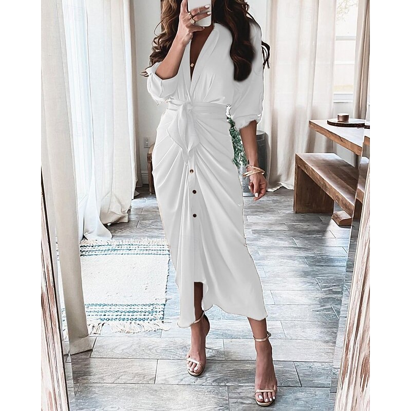 Women's Midi Dress Sheath Dress Chiffon Dress Fashion Modern Outdoor Holiday Going out Regular Fit Plain Long Sleeve V Neck White Yellow Khaki Light Blue Spring Fall2
