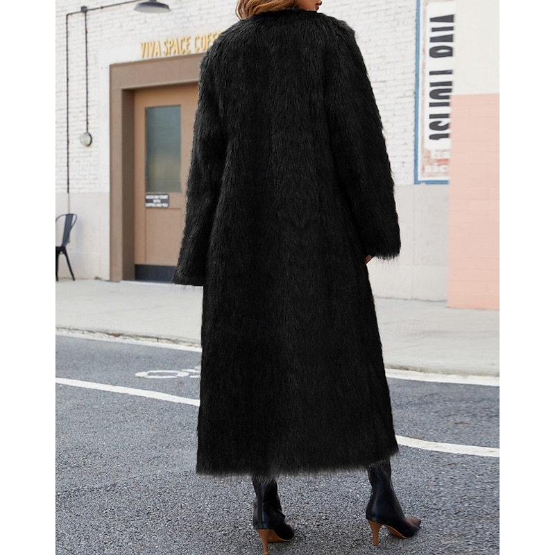 Women's Coat Faux Fur Coat Warm Comfortable Furs & Leathers Casual Plain Vacation Daily Wear Going out Weekend Long V Neck Regular Fit Long Sleeve Outerwear Black Fall Winter3