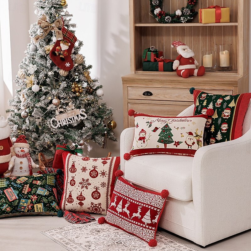 2025 New Christmas Jacquard Colorblock Pillow Covers, Sofa Cushion and Lumbar Pillow, Holiday Home Decoration2