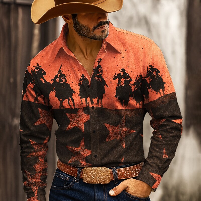 Men's Stars Cowboy Riding Horse Shirt Western Shirt Button Up Shirt Long Sleeve Vintage Retro Outdoor Casual WorkWear Spring Fall Turndown 3D Print Collared Shirts Yellow Blue Orange Apricot4