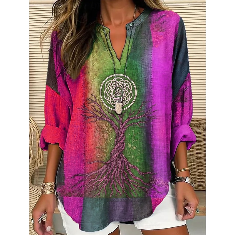 Women's Blouse Graphic Geometric Color Gradient Vintage Tropical Hawaiian Long Sleeve V Neck Regular Tops Daily Holiday Beach Wear Print Yellow Red Blue Purple Spring Fall Winter3